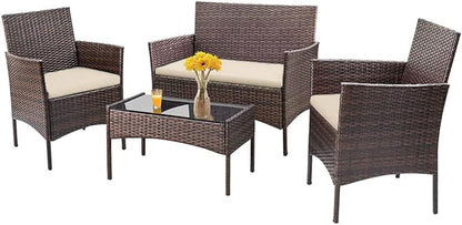 FDW Rattan Furniture Brown Wicker Chair Patio Bristo Set for Outdoor Indoor Use with Loveseats Coffee Table,Khaki Cushion, 4-Pieces