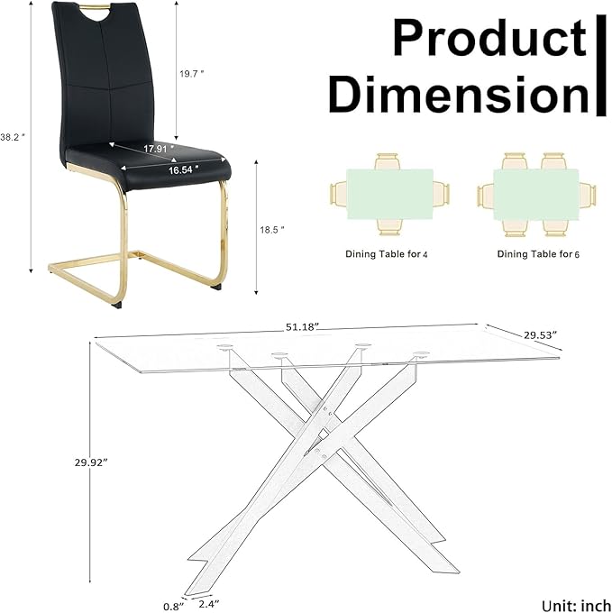 Goujxcy Gold Dining Table Set for 6, Glass Kitchen Table with Chair Set, Modern 51" Rectangle Glass Dining Table and 6 Black PU Leather Chairs with Metal Frame for Kitchen Dining Room