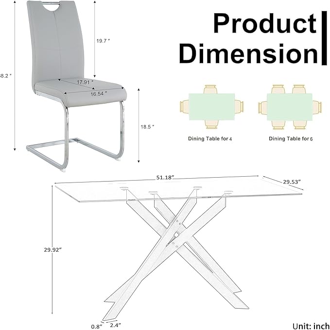Goujxcy Modern Glass Dining Table Set for 6, Black Glass Kitchen Table and Chairs Set, 7 Piece Dining Room Table Set with 51" Rectangle Dinner Table and 6 Grey Leather Dining Chairs