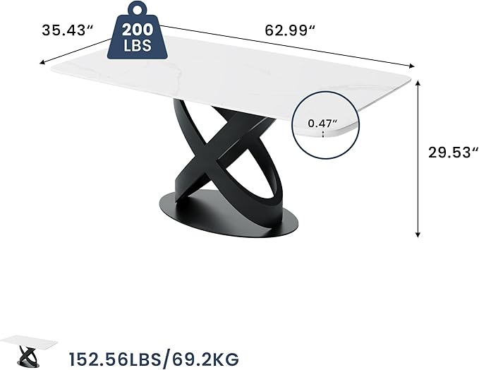 POVISON 63" Modern Dining Table for 4-6 People, Matte White Dining Room Table, Sintered Stone Dinner Tabletop with X-Shape Carbon Steel Pedestal, Rectangle Table for Kitchen Living Room(Table Only)