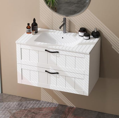 Goujxcy 31.5" Wall Mounted Bathroom Vanity with Sink, Modern Floating Bathroom Cabinet with Ceramic Sink & Double Drawers, Wood Hanging Bath Room Cabinet with Soft-Close System (White)