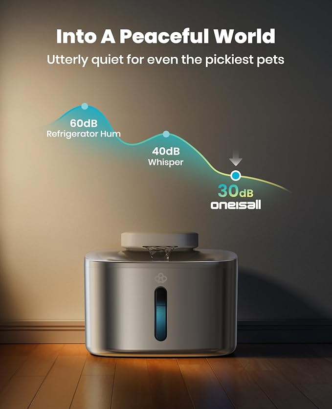 oneisall Wireless Cat Water Fountain, 3.5L/118oz Battery Operated Pet Drinking Fountain Stainless Steel, Running Water Dispenser Fountains for Cats, Cordless&Rechargeable with Motion Sensor(Hale 3.5L)
