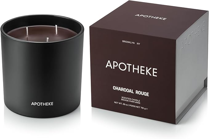 Apotheke 3-Wick Scented Candles for Home, Charcoal Rouge - 26 oz Soy Wax Jar Candle Gift for Women - Long-Lasting Fragrance with Perfume-Grade Essential Oils - Birch Wood, Elemi, Damask Rose & Smoke