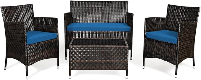 Goplus 4-Piece Rattan Patio Set, Outdoor/Indoor Wicker Conversation Set for Pool, Backyard, Lawn, Wicker Chairs and Sofa with Soft Cushion, Rattan Furniture with Tempered Glass Coffee Table