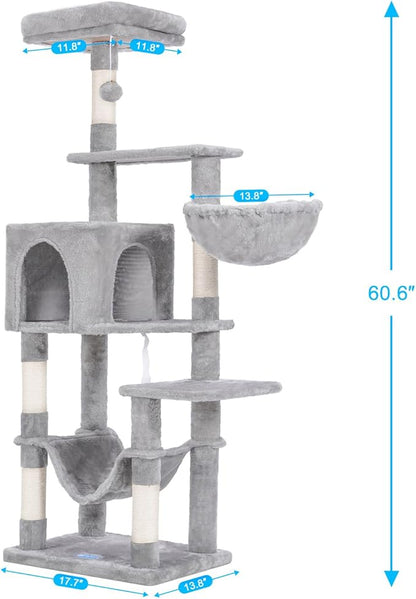 Hey-brother Cat Tree with Large Hammock, Multi-Level Cat Tower for Indoor Cats, Cat Condo with Sisal-Covered Scratching Posts and Top Perch, Light Gray MPJ050W