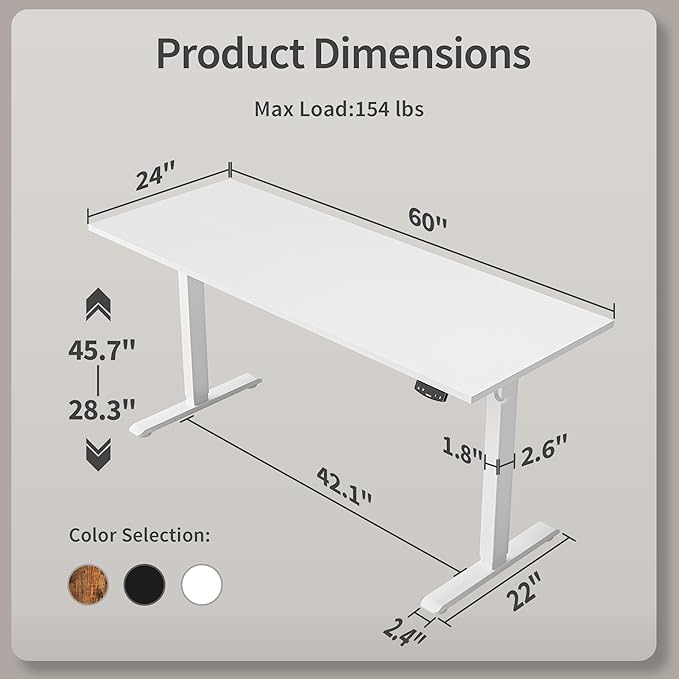 Agilestic Electric Standing Desk, Large 60 x 24 Inches Height Adjustable Desk, Sit Stand up for Work Office Home, Ergonomic Rising Computer Table with Memory Preset, White