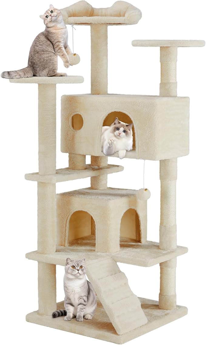 Cat Tree 54 Inch, Multi-Level Cat Tower with Condo, Perches, Sisal Scratching Posts and Climbing Ladder, Pet Play Toy Balls House for Indoor Cats, Beige