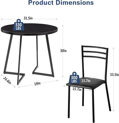 VECELO Small Round Kitchen Table with 2 Upholstered Chairs, 3-Piece Wood Dinette Sets with Steel Frame for Breakfast Nook, Dining Room, and Small Space, Wood-Grain Black