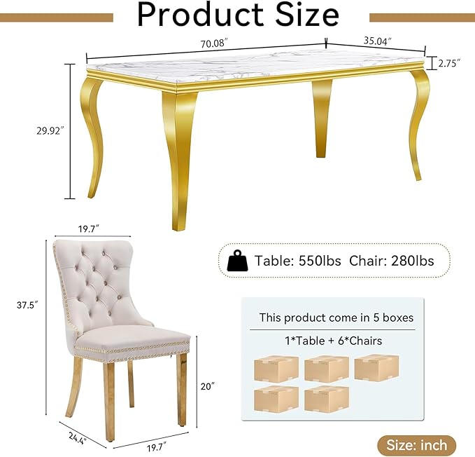 70" Marble Dining Table Set for 6, Modern 7 Piece Dining Room Table Set with White Faux Marble Dining Table & 6 Beige Velvet Upholstered Chairs, Luxury Gold Kitchen Table Chairs Set of 6