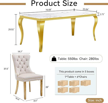 70" Marble Dining Table Set for 6, Modern 7 Piece Dining Room Table Set with White Faux Marble Dining Table & 6 Beige Velvet Upholstered Chairs, Luxury Gold Kitchen Table Chairs Set of 6