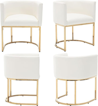 Faux Leather Dining Chairs Set of 2 Modern Barrel Arm Chairs with Golden Metal Frame, Upholstered Kitchen Chairs 18.5" Wide Accent Chairs for Living Room Dining Room Restaurant, White