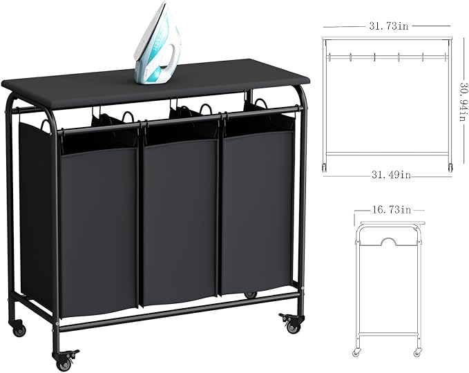 LINZINAR 3 Bag Laundry Basket Sorter Heavy Duty Rolling Lockable Wheels Laundry Hamper Cart with Ironing Board and Removable Bags, Black
