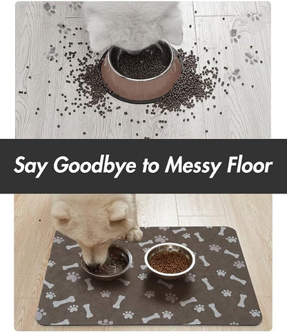 MontVoo Dog Food Mat-Pet Feeding Mat for Food and Water-No Stains Quick Dry Dispenser Cat Bowl Mat for Messy Drinkers(12"X19" Brown)