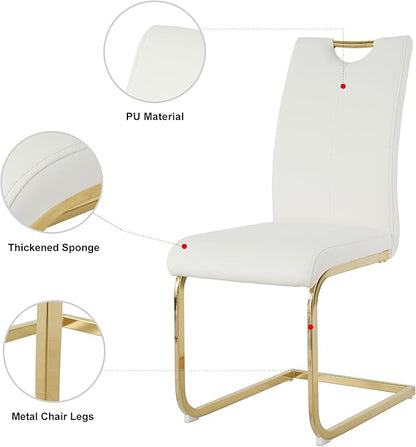 Goujxcy Round Dining Table Set for 6, Modern Glass Kitchen Table and Chairs Set of 6, 7 Piece Dining Room Table Set with 47" Circle Gold Metal Glass Dinner Table and 6 White Leather Dining Chairs