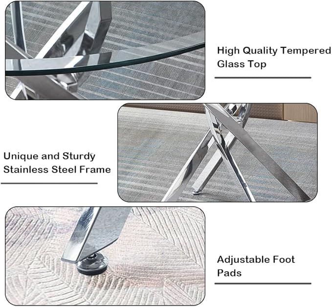 Goujxcy 3 Piece Round Glass Dining Table Set for 2, 36" Round Dining Table & Chair Set Modern Circle Glass Kitchen Table and 2 Velvet Upholstered Chairs for Kitchen Dining (Silver Table & Grey Chair)