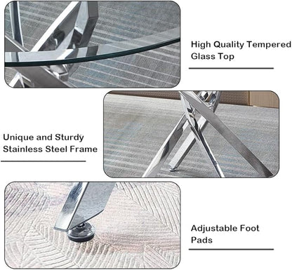 Goujxcy 3 Piece Round Glass Dining Table Set for 2, 36" Round Dining Table & Chair Set Modern Circle Glass Kitchen Table and 2 Velvet Upholstered Chairs for Kitchen Dining (Silver Table & Black Chair)