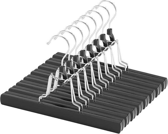 AMKUFO 12 Pack Black Wooden Pants Hangers with Clips Non Slip Skirt Hangers Trouser Clamp Hanger Solid Wood Hanger with 360° Swivel Hook