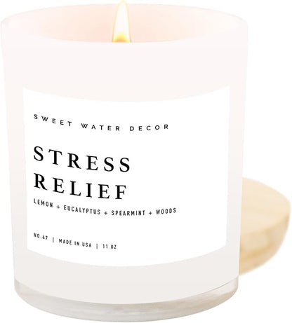 Sweet Water Decor Candles | Spa Scented Soy Wax Candle for Home | 11oz Jar Candle with Wood Lid, 50+ Hour Burn Time, Made in The USA (Stress Relief, White - 11 oz)