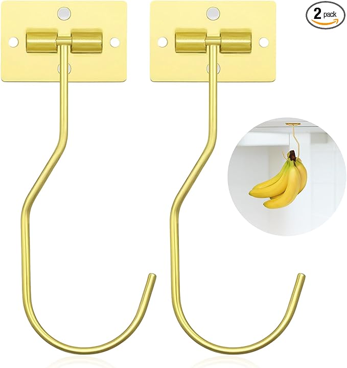 Banana Hanger Hook – Space Saving Banana Holder Hanger to Keep Bananas Fresh, Self Adhesive and Screw Banana Hook 2Pack Gold