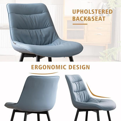 Kidol & Shellder Dining Chairs Set of 2, Modern Upholstered Faux Leather Kitchen Side Chairs with Comfortable Back - Mid-Century Armless Chair for Dining Living Room Bedrooms, with Metal Legs (Blue)