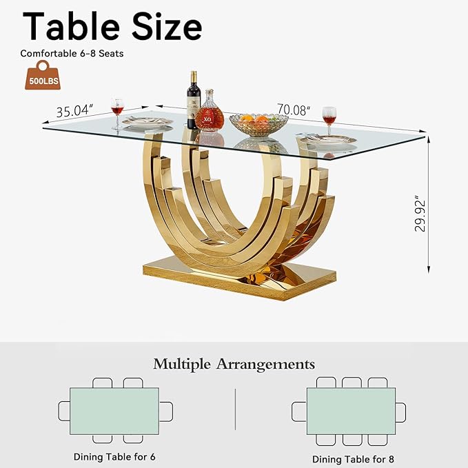 Goujxcy 70" Modern Glass Dining Table for 6-8, Luxury Gold Glass Dining Room Table with Mirrored Ring-Shape Stainless Steel Base, Rectangle Kitchen Dinner Tables for Dining Room Kitchen