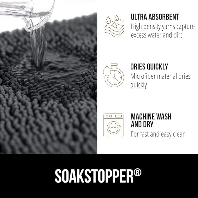 GORILLA GRIP SoakSTOPPER Dog Door Mat, 60x36 Machine Washable Rug Absorbent Doormat Captures Moisture Mud Dirt, Quick Dry Soft Chenille Entryway Rugs Indoor Entrance Mats for Dog Paws, Charcoal