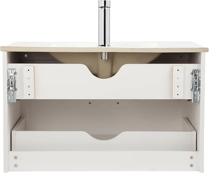 Goujxcy 31.5" Wall Mounted Bathroom Vanity with Sink, Modern Floating Bathroom Cabinet with Ceramic Sink & Double Drawers, Wood Hanging Bath Room Cabinet with Soft-Close System (White)