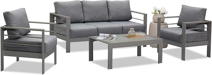 Wisteria Lane Aluminum Outdoor Patio Furniture Set, Modern Patio Conversation Sets, Outdoor Sectional Metal Sofa with 5 Inch Cushion and Coffee Table for Balcony, Garden, Dark Grey