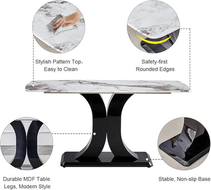 Modern Dining Table Set for 6, Marble Kitchen Table Chair Set for 6, Rectangular Kitchen Table with 6 Pu Leather Upholstered Chair for Dining Room (White with 6 Light Grey Chairs)