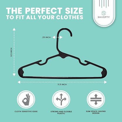 Sharpty Kids Plastic Hangers, Children's Hangers for Baby, Toddler, and Child Clothes - Everyday Standard Use - Ideal for Boys and Girls Closet, Clothing, Pants, Coats, and More - Black, 20 Pack