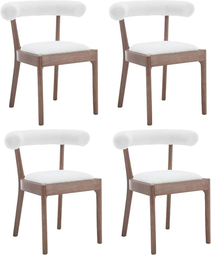 Kmax Dining Room Chairs Mid-Century Modern Sherpa Kitchen Chairs with Natural Walnut Finished Frame, Fur Curved Back, Set of 4, White