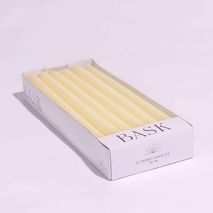Bask 10-inch Taper Candles - Unscented and Dripless - Burns for 8 Hours - Home Decor for Dinner Table, Kitchen, and Bedroom - Perfect for a Romantic Date or Anniversary - 12-Pack - Ivory