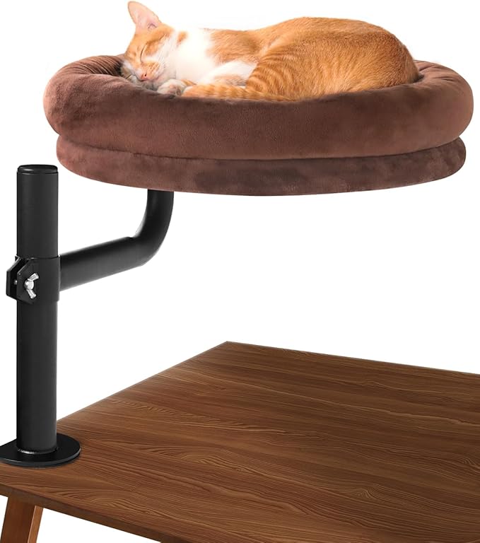 Cat Bed for Desk,Keeps Kitten Close and Workspace Clear Cat Bed,Height Adjustable and Rotatable,Drilling-Free(Unheated Brown,18.5" Lx17.5 Wx17.5 W)