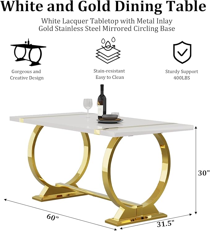 ACEDÉCOR 60" White and Gold Dining Table for 4-6, Modern Rectangular Lacquer Top and Polished Stainless Steel U Shaped Base