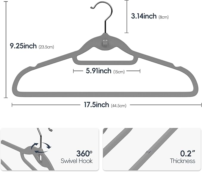 Velvet Hangers 50 Pack, Non Slip Stackable Clothes Hangers with Cascading Hooks, Ultra Thin and Space Saving Felt Hangers with Tie Bar, 360° Swivel Hooks, Heavy Duty for Suit Coat Shirt Pant- Gray