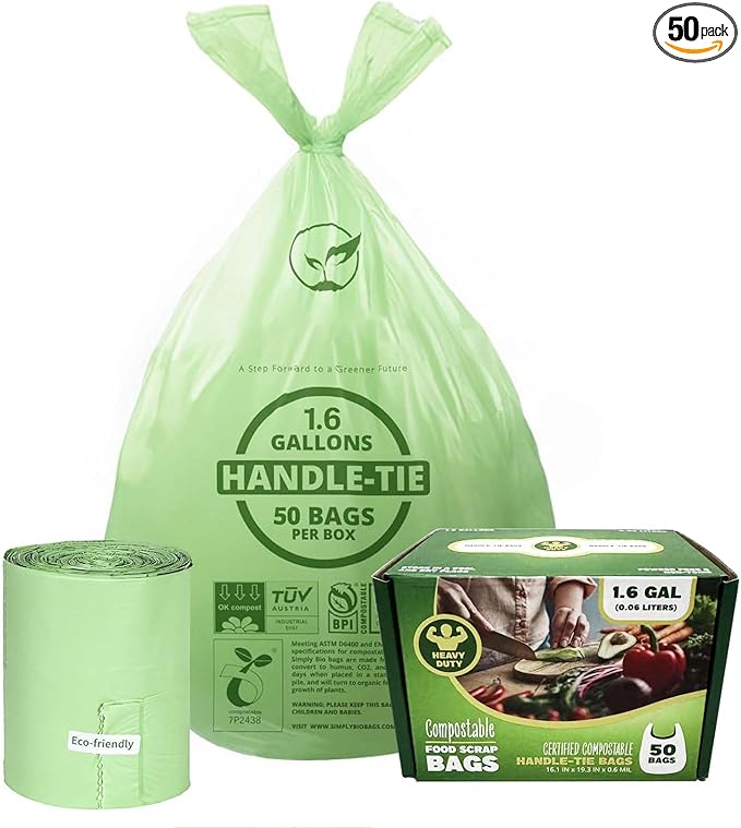 1.6 Gallon Compostable Trash Bags Drawstring, Heavy Duty Extra Thick 0.6 Mil, 6.06 Liter, 50 Bags, Small Kitchen Food Scrap Waste Bag, Unscented Pet Waste Bags, US BPI and OK Compost Home Certified