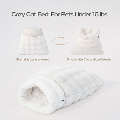 4 in 1 Cat Sleeping Bag Plush Self Warming Cat Bed Snuggle Bag Blanket Mat Cave (Small Cats Up to 15 lbs) White 21 × 17 Inch
