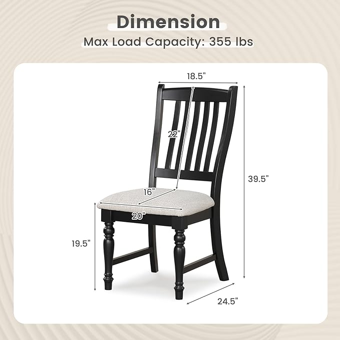 Giantex Wood Dining Chairs Set of 2, Farmhouse Black Kitchen Chair with Solid Wood Frame, Max Load 355 Lbs, Armless Upholstered Dining Side Chairs with Cushion Seat, Slat Back Dining Room Chairs