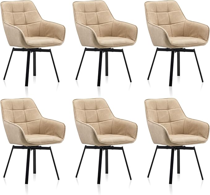 TUKAILAi Modern Swivel Armchairs Set of 6, Faux Leather Upholstered Accent Dining Chairs with Metal Legs, Rotatable Leisure Chair for Kitchen Guest Reception Restaurant Commercial (Cream)
