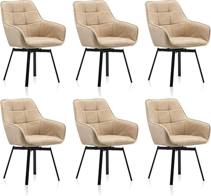 TUKAILAi Modern Swivel Armchairs Set of 6, Faux Leather Upholstered Accent Dining Chairs with Metal Legs, Rotatable Leisure Chair for Kitchen Guest Reception Restaurant Commercial (Cream)