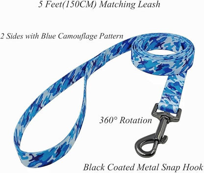 Dog Collar Leash Set, Camouflage Pattern, Polyester Material, Adjustable Collar and 5ft Matching Leash, for Small Dogs.(S, Blue Camo)