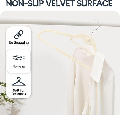 Velvet Hangers 50 Pack, Non Slip Stackable Clothes Hangers with Cascading Hooks, Ultra Thin and Space Saving Felt Hangers with Tie Bar, 360° Swivel Hooks, Heavy Duty for Suit Coat Shirt Pant- Ivory