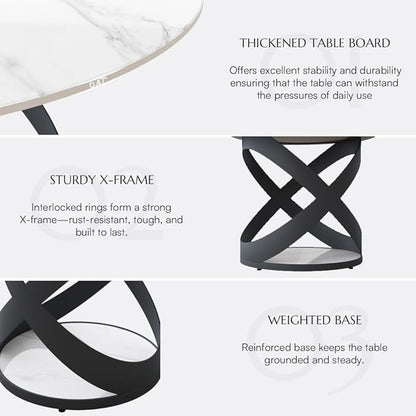 POVISON 51" Modern Dining Table, Glossy White Round Dining Table for 6, Sintered Stone Dining Tabletop with Black X Carbon Steel Base (Table Only)