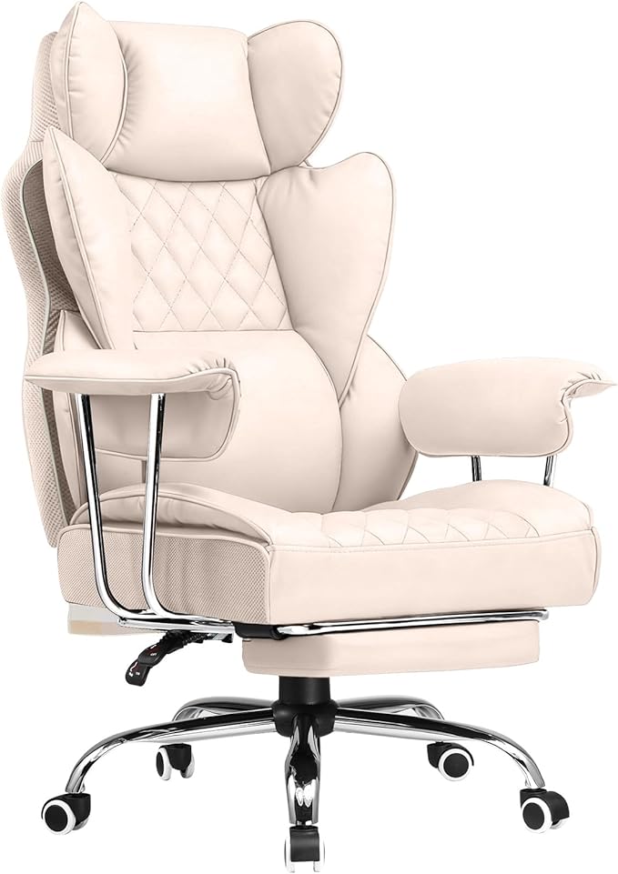 COMHOMA Big and Tall Office Chair, High Back Leather Gaming Chair with Footrest, Executive Ergonomic Office Chairs with Pocket Spring Lumbar Support and with Outward Fixed Soft Armrests