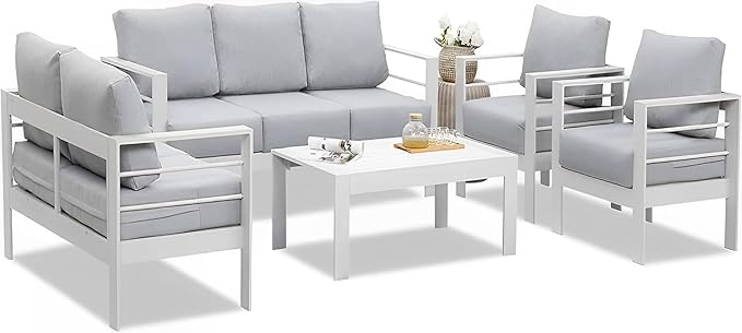 Wisteria Lane Aluminum Outdoor Patio Furniture Set, 7 Seats Modern Patio Conversation Sets, Outdoor Sectional Metal Sofa with 5 Inch Cushion and Coffee Table for Balcony, Garden, Light Grey