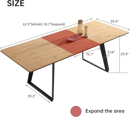 ZckyCine 7-Piece Dining Set, 63"-79" Expandable Mid-Century Modern Table with 6 Chairs, Leather Seat & Backrest, Metal Frame, Oak/Grey for Dining Room/Home