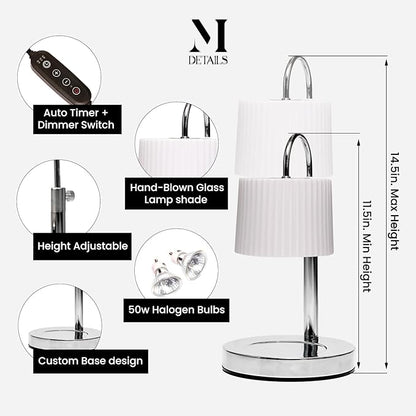 Dimmable Glass Candle Warmer Lamp with Timer - Adjustable Height Candle Lamp Warmer with Timer (8H/4H/2H) - Wax Melter - Ideal Gift, fits Various Size Scented Candles - 02 Bulb - (Silver Chrome)