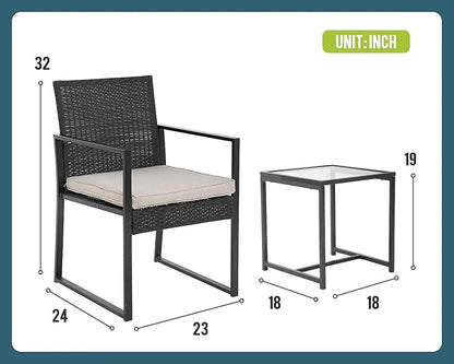 FDW 3 Pieces Outdoor Patio Furniture Wicker Bistro Rattan Chair Conversation Sets for Yard Lawn Balcony Poolside Backyard,Black
