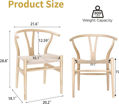 Wishbone Chair Natural Solid Wood Dining Chair/Hans Wegner Y Chair Rattan and Wood Accent Armrest Chairs - Ash Wood Chairs (Ash Wood + Natural Color)