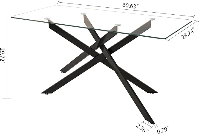 60.6'' Tempered Glass Dining Table for 4-6 People, Rectangle Kitchen Table with Black X-Base Metal Legs, Adjustable Feet, Glass Top Desk for Home Office Glass Dining Room Table for 6